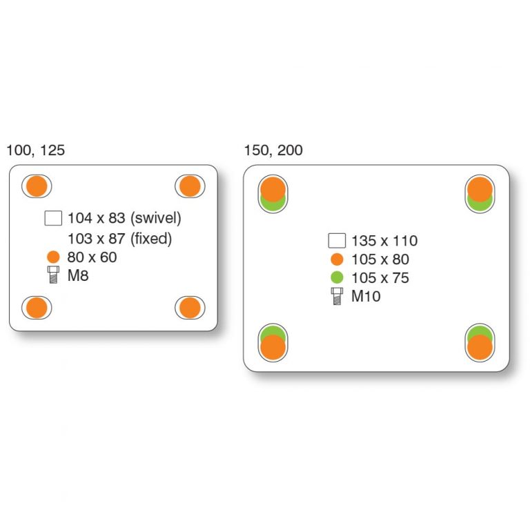 100mm/125mm Castor Top Plate Dimensions & 150mm/200mm Castor Top Plate Dimensions