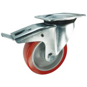 Polyurethane Swivel Castor with Brake – locks swivel head & wheel