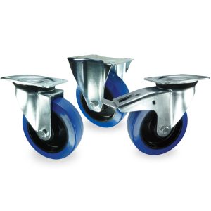 Swivel Castor, Fixed Castor, Swivel Castor with locking brake. Blue Rubber wheel available in 100mm, 125mm, 150mm or 200mm diameter