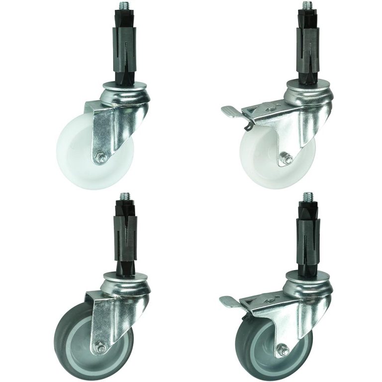 Polypropylene or Rubber castors with expanders to fit inside tube. Choice of 50mm, 75mm, 100mm or 125mm diameter wheel.