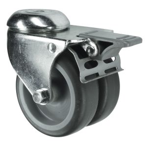 Twin/double wheel Brake Grey Rubber Swivel Castor.  50mm or 75mm diameter. 10mm bolt fix.