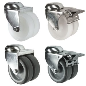 Twin Wheel Apparatus Castors. Polypropylene or Rubber Wheel. Swivel and Brake Versions. 50mm or 75mm dia. 10mm bolt fix