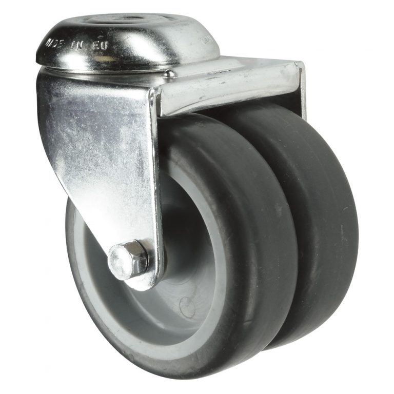 Grey Rubber Twin/double wheel Swivel Castor. 50mm or 75mm diameter. 10mm bolt fix.
