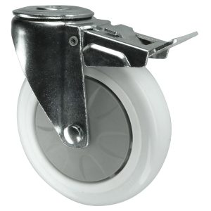 75mm, 100mm, 125mm Nylon Swivel Brake Locking Castor. 12mm single bolt fixing