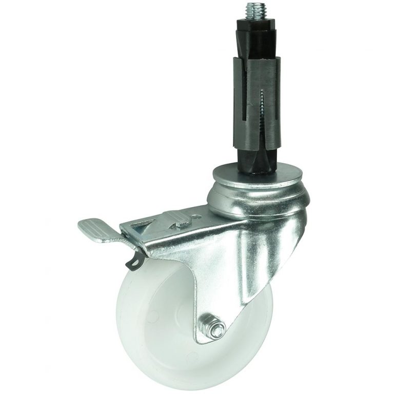 Brake Swivel Castor complete with expanding tube fitting (expanders). 50mm, 75mm, 100mm or 125mm diameter. Polypropylene wheel