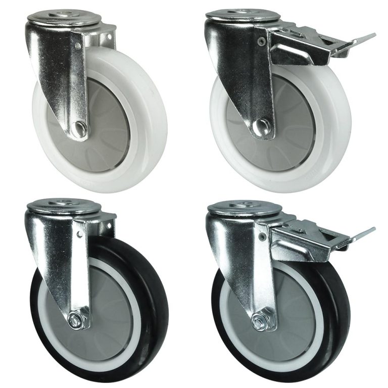 75mm, 100mm, 125mm Nylon or Polyurethane Castors. Fix with 12mm single bolt