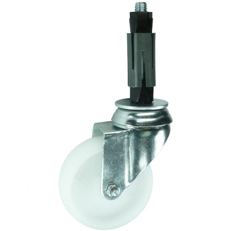 Swivel Castor complete with expanding tube adaptor (expanders). 50mm, 75mm, 100mm or 125mm diameter. Polypropylene wheel