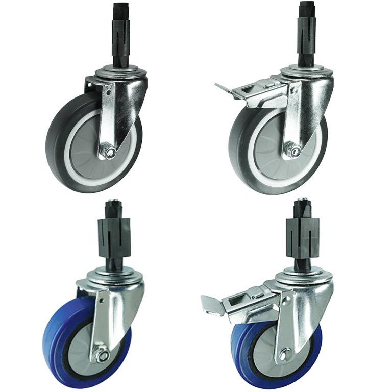 Swivel & Swivel Brake Castors with expanding adaptor for tube. Grey or Blue Rubber tyre Wheel. 75mm, 100mm or 125mm diameter Swivel & Swivel Brake Castors with expanding adaptor for tube. Grey or Blue Rubber tyre Wheel. 75mm, 100mm or 125mm diameter