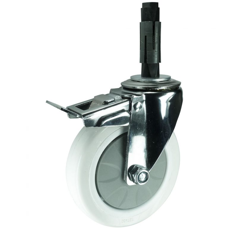 Nylon Swivel Brake Castor with expander to fit to tube. Available in 75mm, 100mm or 125mm wheel diameter