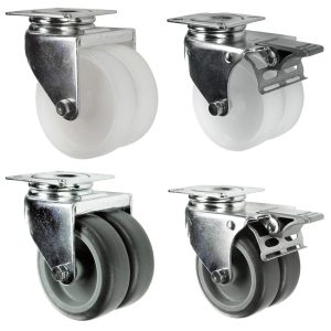 Twin Wheel Apparatus Castors. Polypropylene or Rubber Wheel. Swivel and Brake Versions. 50mm or 75mm diameter
