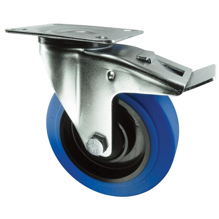 Blue Non-marking Rubber Swivel Brake lockable Castor. 80mm, 100mm, 125mm, 160mm, 200mm diameter. Plate fix