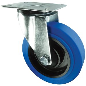 Blue Non-marking Rubber Swivel Castor. 80mm, 100mm, 125mm, 160mm, 200mm diameter. Plate fix