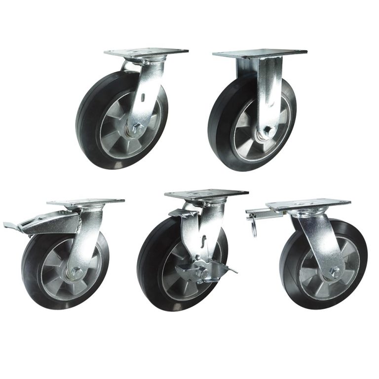Rubber Tyre Heavy Duty Castors. 100mm, 125mm, 150mm, 200mm dia. Choice of brake & directional lock options