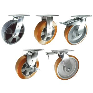Polyurethane Tyre Heavy Duty Castors. 100mm, 125mm, 150mm, 200mm dia. Choice of 3 wheel types each with brake & directional lock options