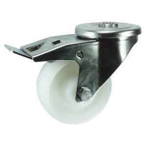 Nylon Stainless Swivel Brake Castor. 12mm bolt fix. 80mm, 100mm, 125mm dia.