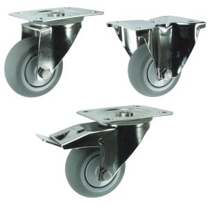 Stainless Grey Non-marking Rubber Castors. Plate fix. 80mm, 100mm, 125mm, 160mm, 200mm diameter