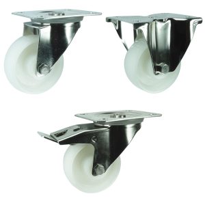 Stainless Steel Nylon Castors. Plate fix. 80mm, 100mm, 125mm, 160mm, 200mm diameter