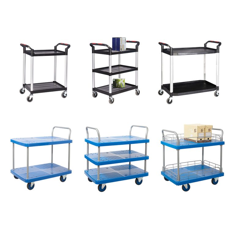 Tray trolleys with plastic shelves