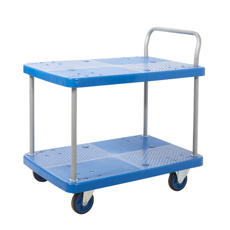 Heavy duty tray trolley – 2 blue plastic shelves