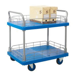 Heavy duty tray trolley – 2 shelves and retaining rails