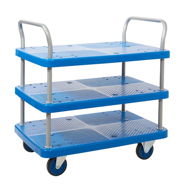 Heavy duty tray trolley – 3 blue plastic shelves