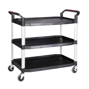 Large tray trolley – 3 black plastic shelves