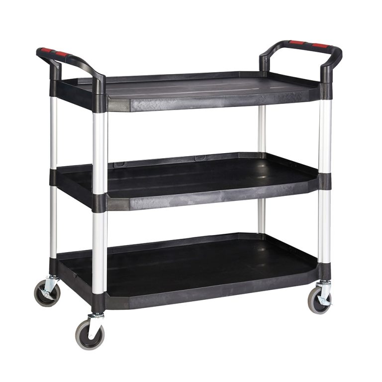 Large tray trolley – 3 black plastic shelves