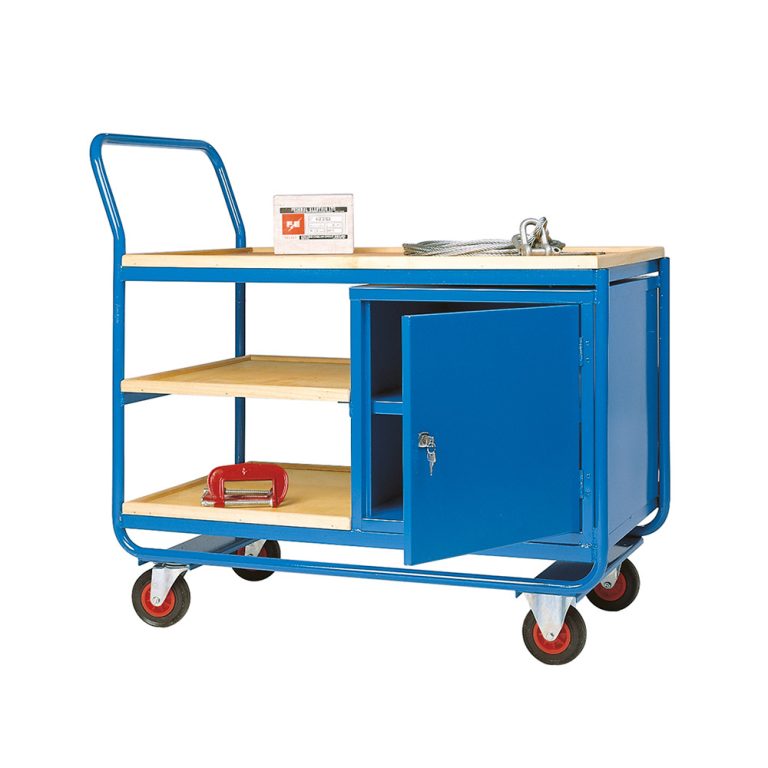 Table trolley with top and 2 x half shelves and cupboard